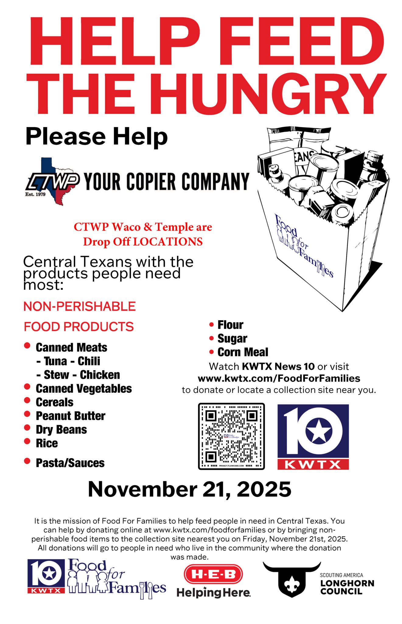 Food for Families Flyer 2025 CTWP Waco & Temple Feed the Hungry Food Drive Donations through November 20, 2025